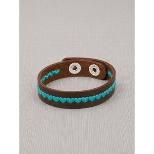 Brown Leather Cuff Bracelet Turquoise Blue Embroidered Heart Snap Closure Boho